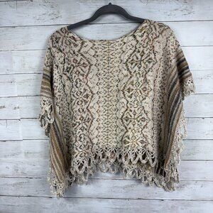 Free People Cream Design Fringe Oversize Boatneck Sweater
